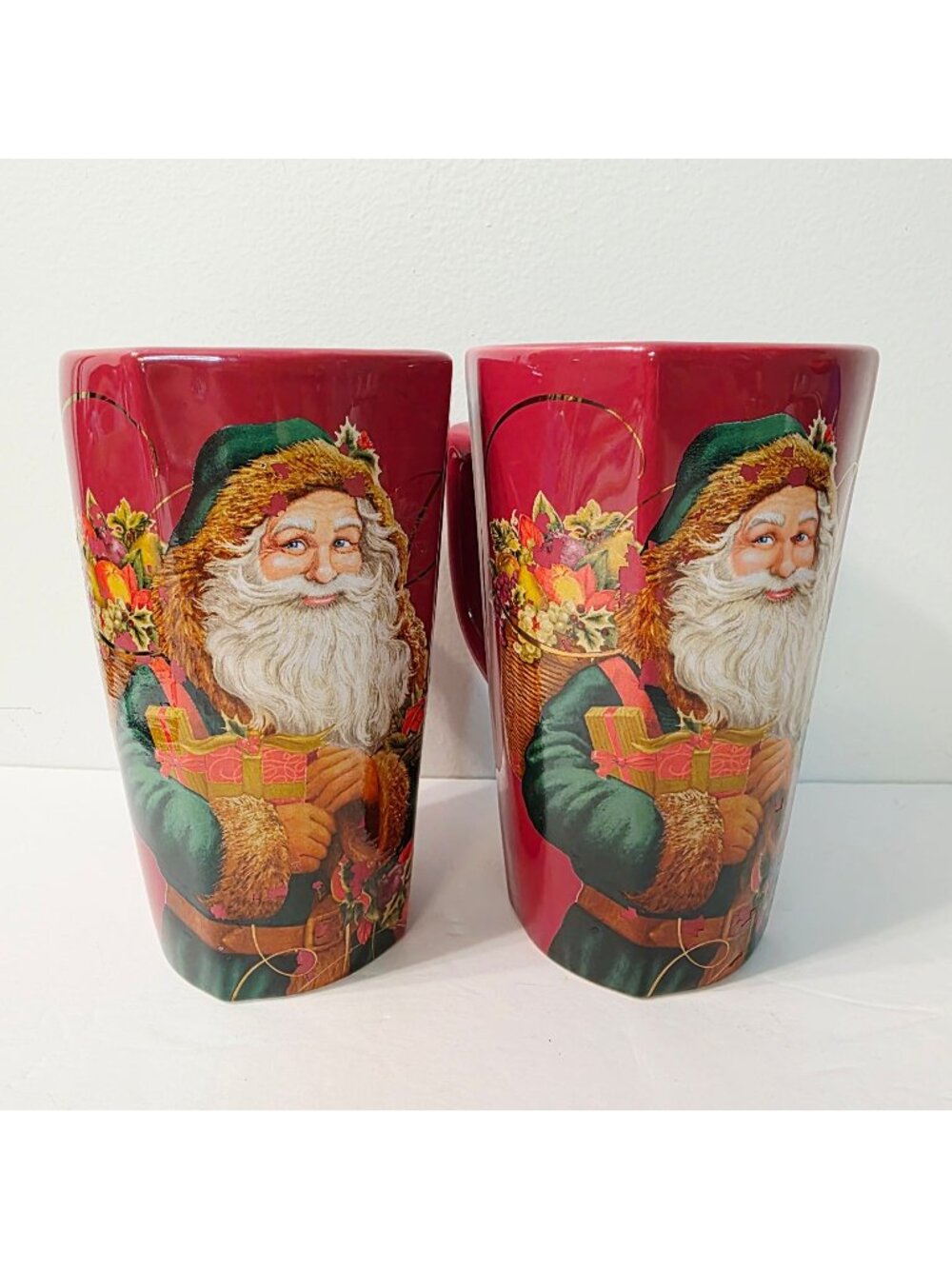 2 Hallmark Holiday St. Nicholas Santa Red Gold Swirl Tall Coffee Latte Mugs Cups